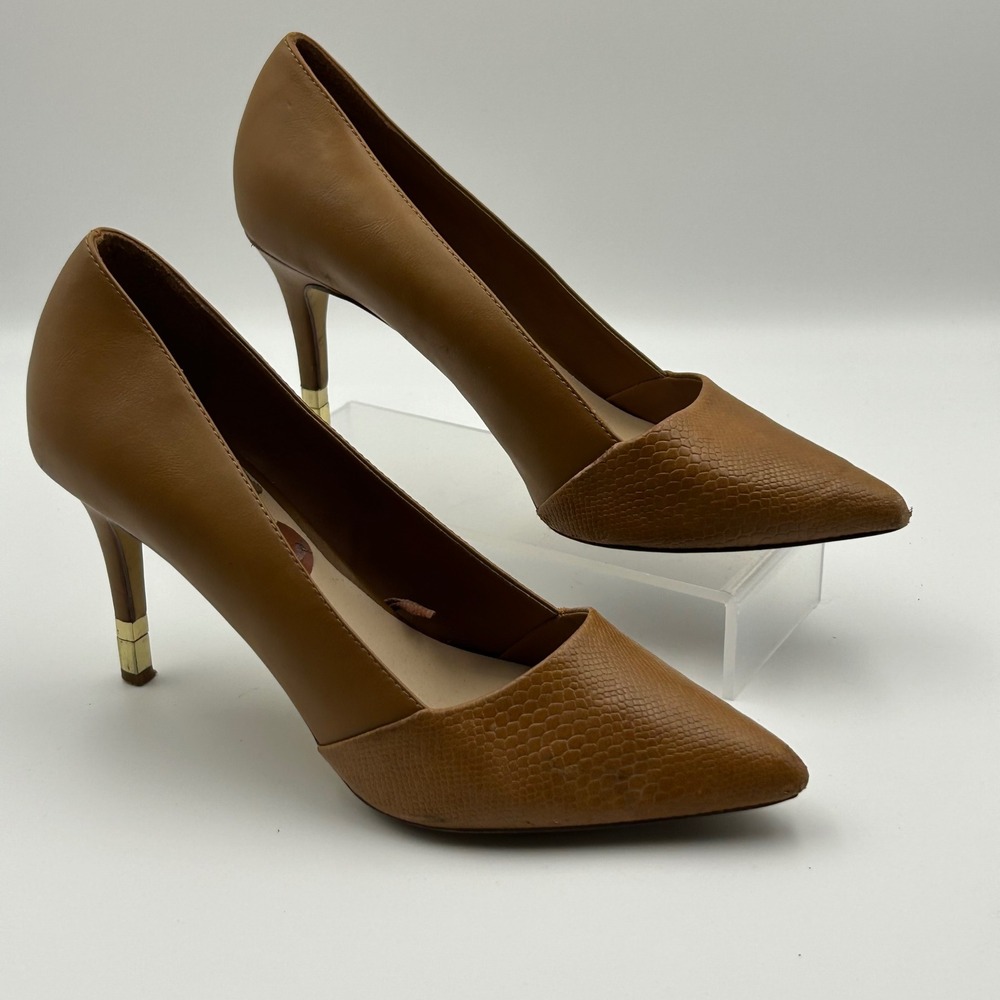 Aldo Tan Faux Leather Snake Embossed Pointed Toe Stiletto Pumps Gold Heel Accent